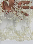 Floral Leaf Beaded Fabric - Ivory - Embroidered Flower Leaf Design Beaded Fabric By Yard