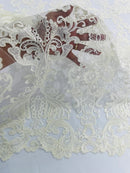 King Lace Pattern Fabric - Ivory - Embroidered Sequins on Lace Mesh Fabric By Yard