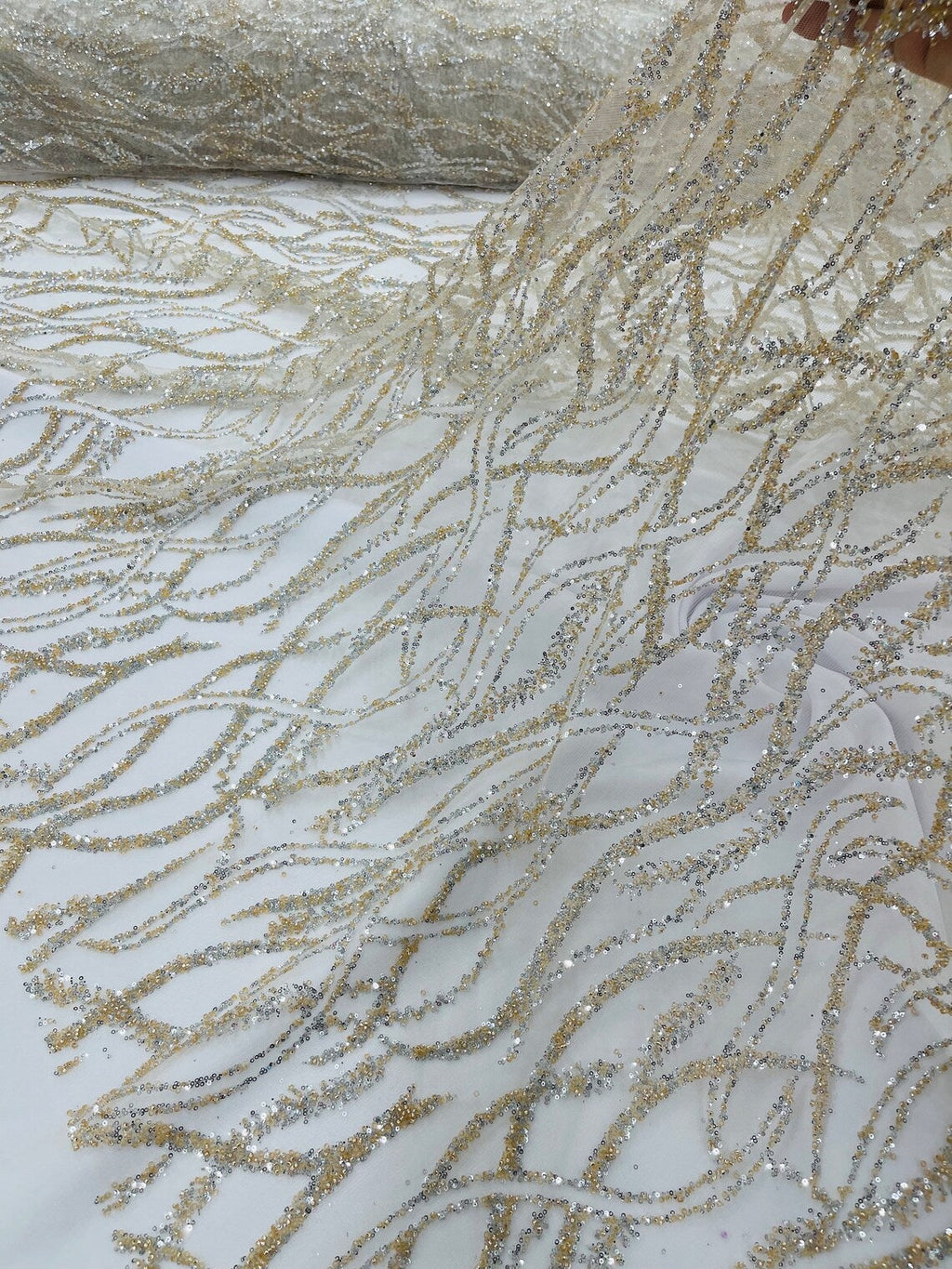 Glitter Wavy Bead Fabric - Ivory - Sequins, Bead, Glitter Design on Lace Fabric By Yard