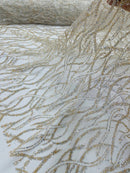 Glitter Wavy Bead Fabric - Ivory - Sequins, Bead, Glitter Design on Lace Fabric By Yard