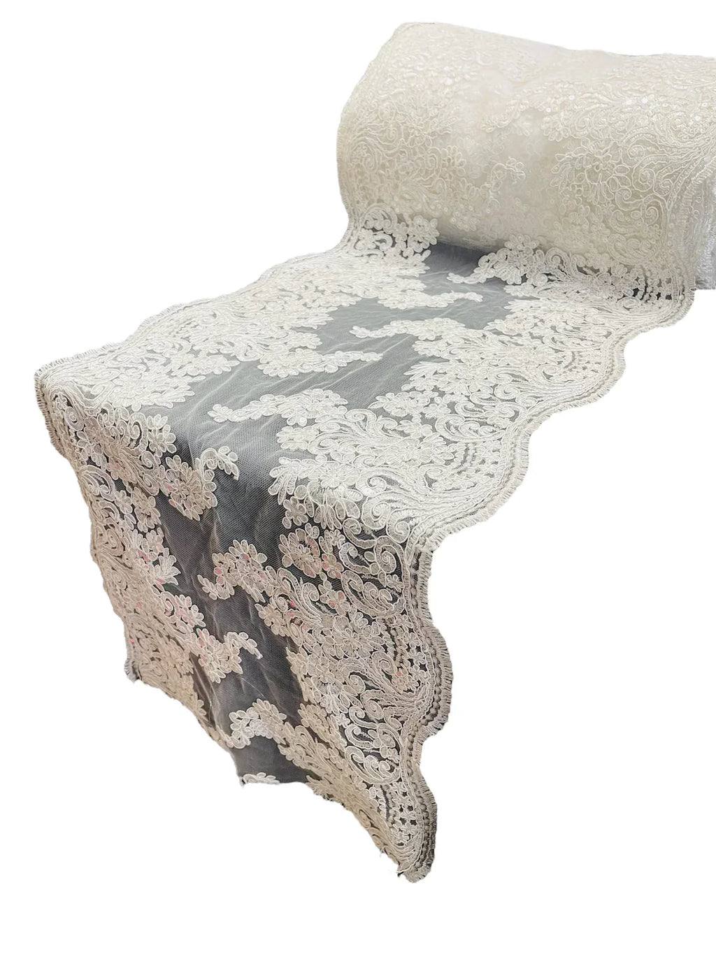 14" Metallic Floral Design Lace Table Runner - Ivory - Event Table Decor Runner Sold By Yard