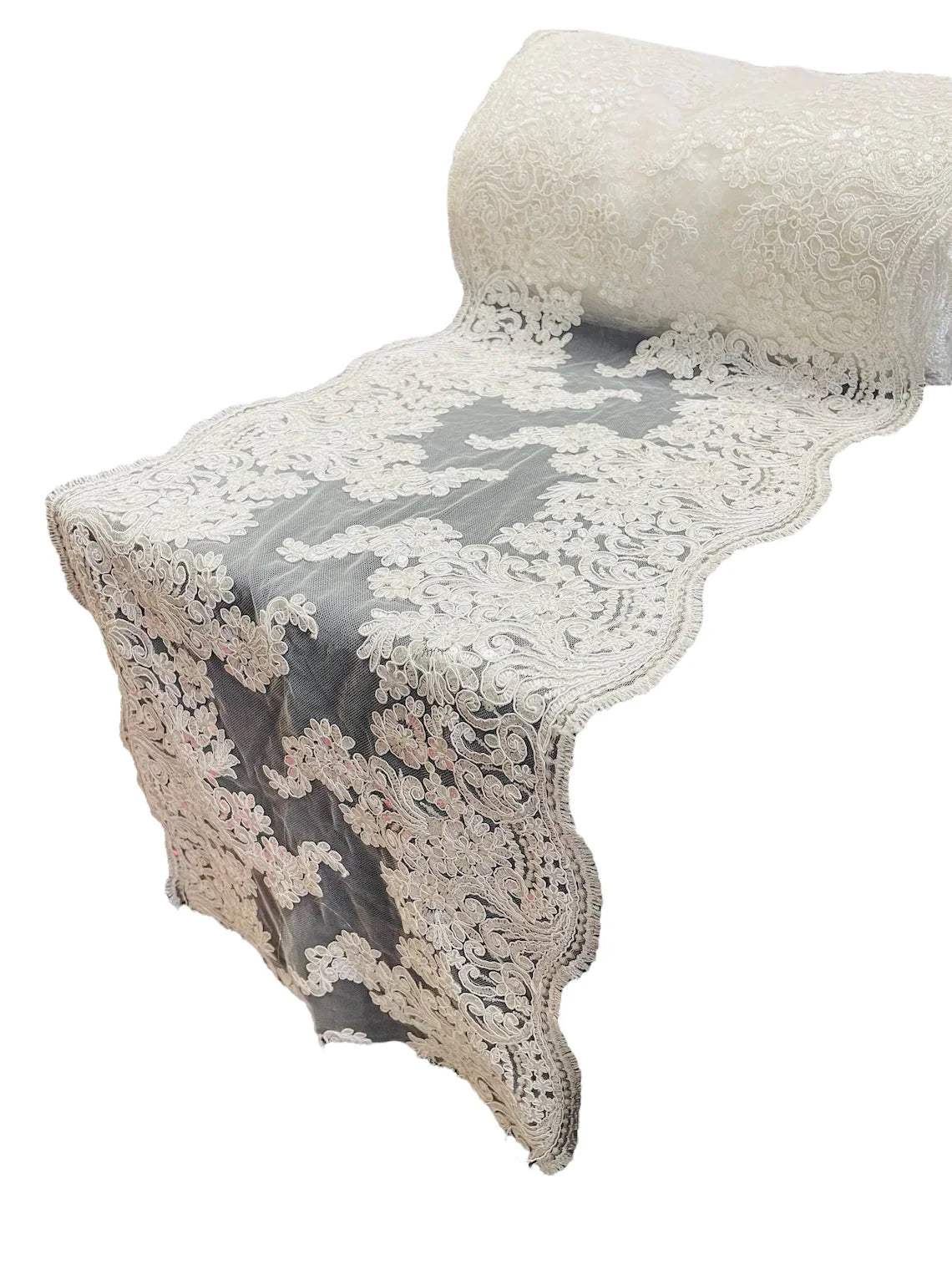 14" Metallic Floral Design Lace Table Runner - Ivory - Event Table Decor Runner Sold By Yard