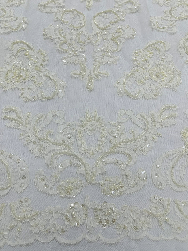 Beaded My Lady Damask Design - Ivory - Beaded Fancy Damask Embroidered Fabric By Yard