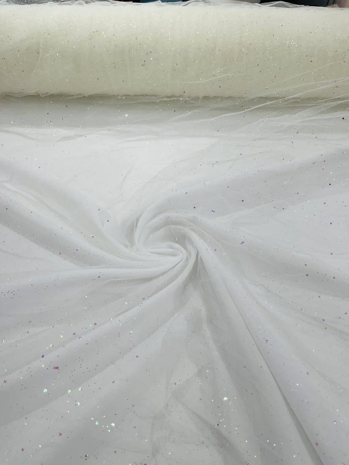 Sparkling Glitter Tulle Fabric - Ivory - Sparkling Glitter Tulle Mesh Fabric Sold By Yard