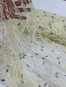 Wavy Leaf / Floral Bead Fabric - Ivory - Beaded Rhinestone Embroidered on a Mesh By Yard