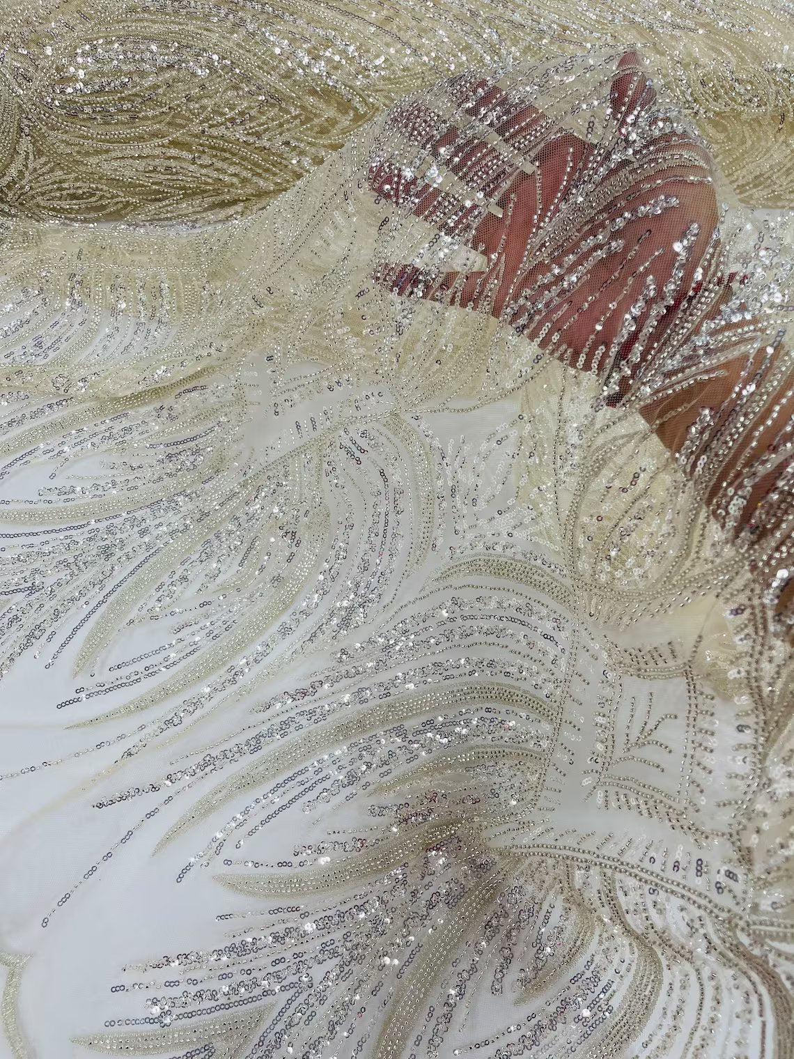 Beaded Lines Fabric - Ivory - Luxury Beads and Sequins Line Design Fabric By Yard