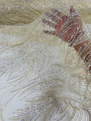 Beaded Lines Fabric - Ivory - Luxury Beads and Sequins Line Design Fabric By Yard