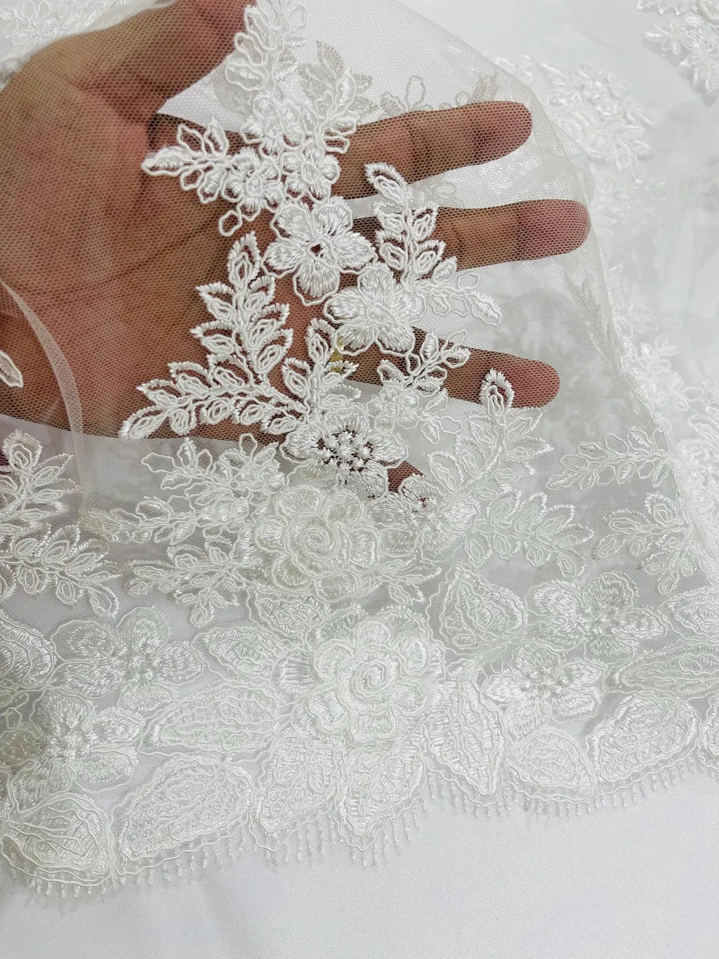 Corded Floral 3D Fabric - Ivory - Embroidered Floral Design on Lace Mesh Fabric by Yard