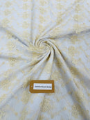 Embroidered Flower Fabric - Ivory - Floral Design Scalloped Border Fabric By Yard