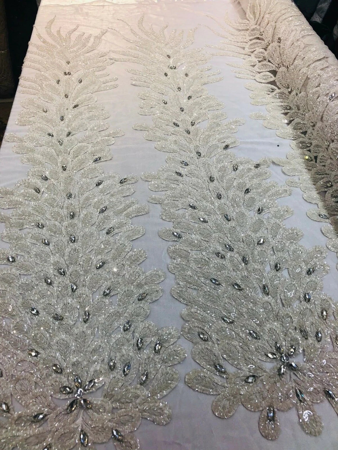 3D Beaded Peacock Feathers - Ivory - Vegas Design Embroidered Sequins and Beads On a Mesh Lace Fabric (Choose The Panels)