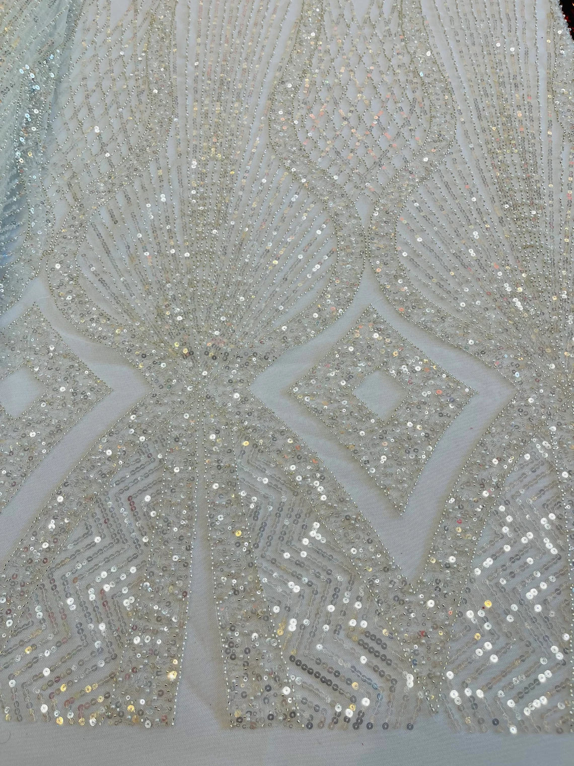 Beaded Diamond Design Fabric - Ivory - Beaded Embroidered Diamond Zig Zag Design on Mesh By Yard