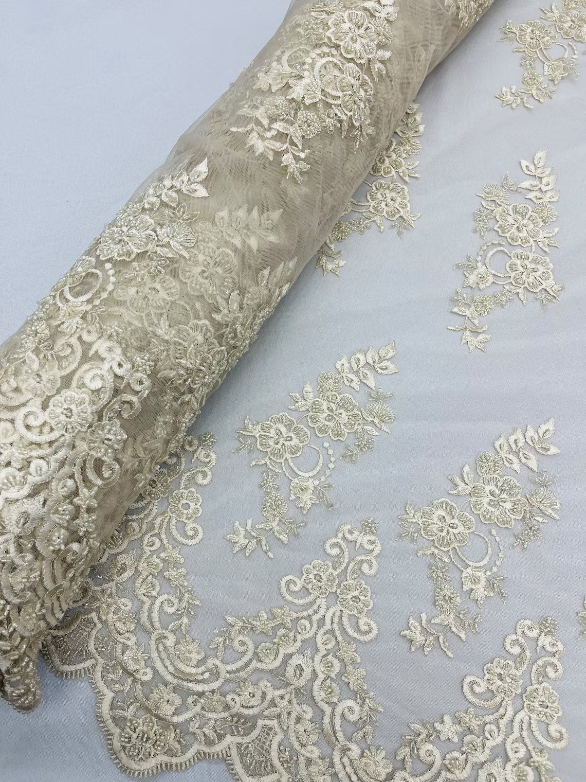 Beaded Floral Fabric - Ivory - Embroidered Flower Cluster Beaded Fabric Sold By Yard