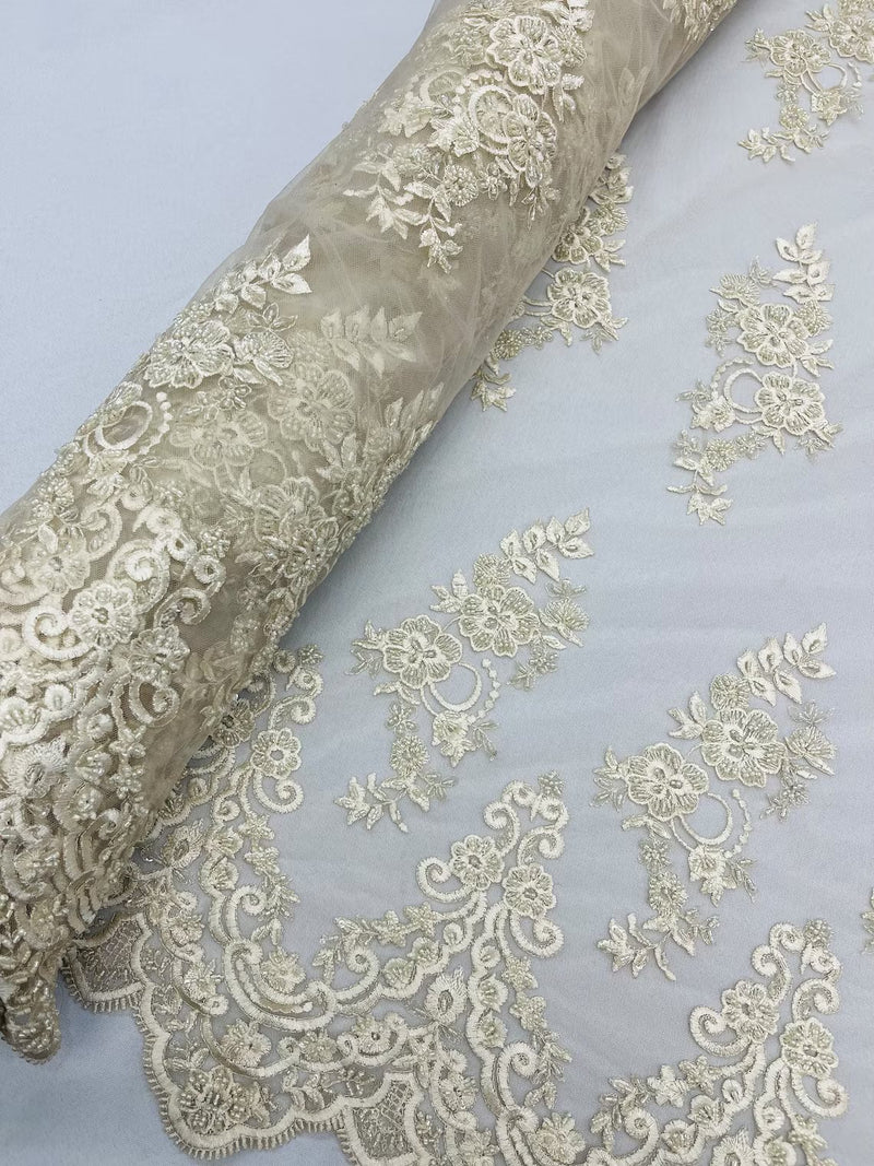 Beaded Floral Fabric - Ivory - Embroidered Flower Cluster Beaded Fabric Sold By Yard