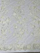 Sequins Lace Rose Design - Ivory - Embroidered Rose Plant Design on Lace Fabric Sold By Yard