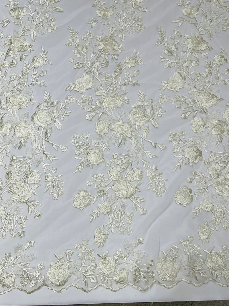 Sequins Lace Rose Design - Ivory - Embroidered Rose Plant Design on Lace Fabric Sold By Yard