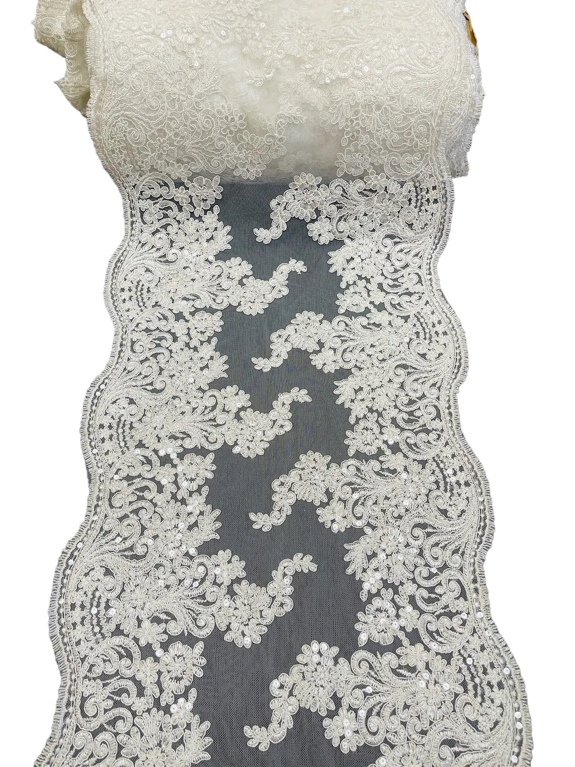 14" Metallic Floral Design Lace Table Runner - Ivory - Event Table Decor Runner Sold By Yard