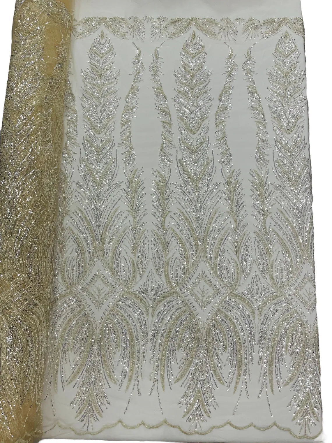 Beaded Lines Fabric - Ivory - Luxury Beads and Sequins Line Design Fabric By Yard