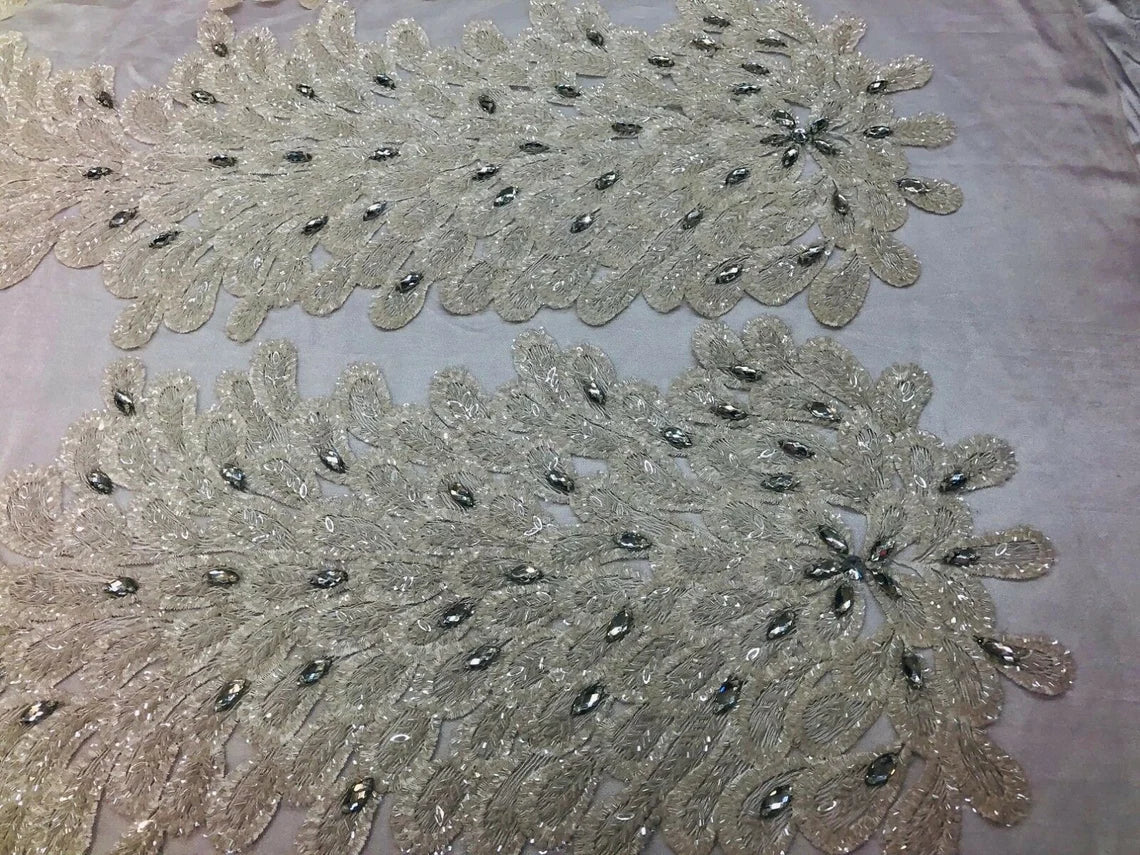 3D Beaded Peacock Feathers - Ivory - Vegas Design Embroidered Sequins and Beads On a Mesh Lace Fabric (Choose The Panels)