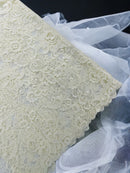 King Lace Pattern Fabric - Ivory - Embroidered Sequins on Lace Mesh Fabric By Yard