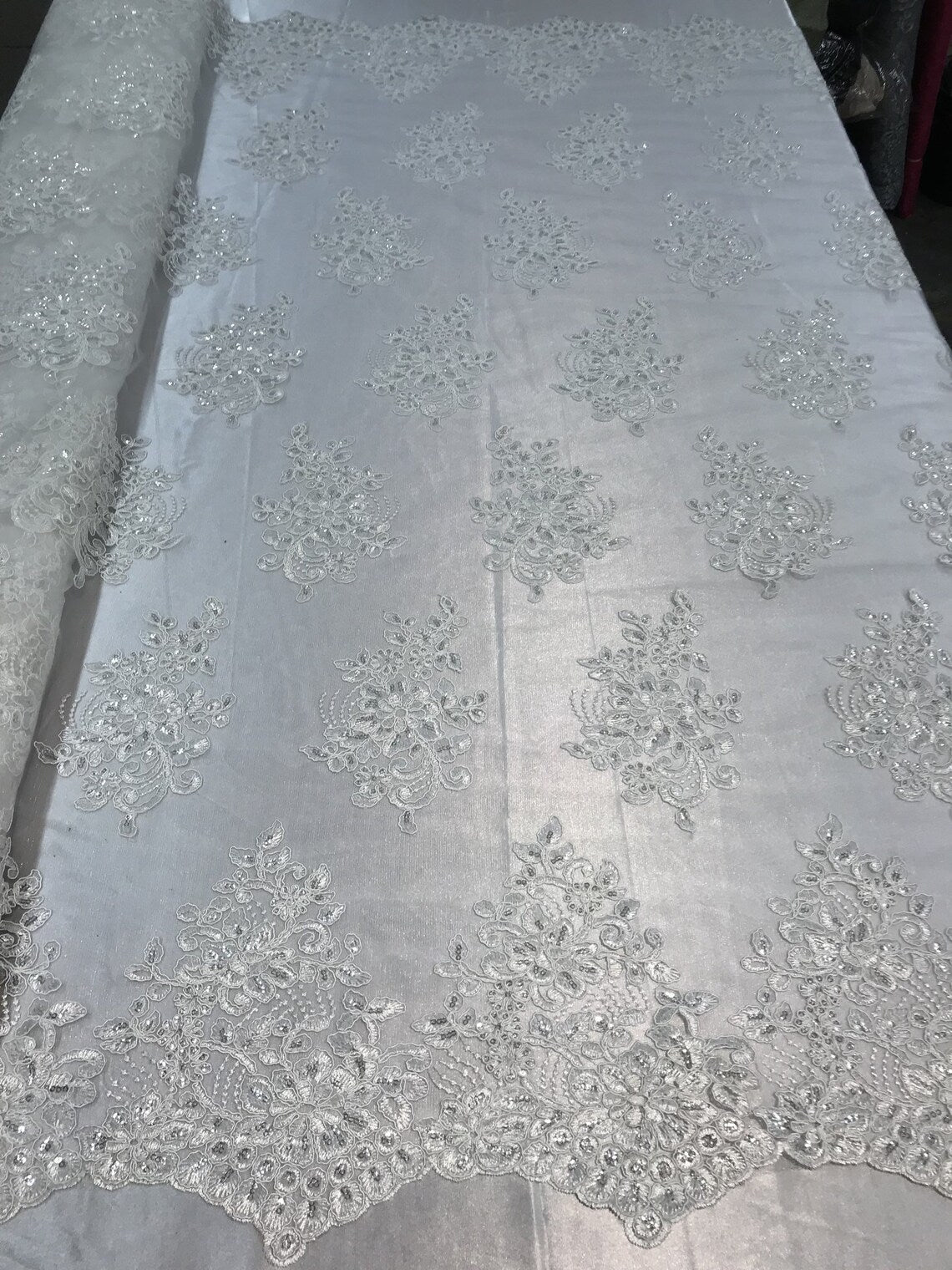 Flower Lace Fabric - Floral Clusters Embroidered Lace Mesh Fabric - 25 Yard Roll