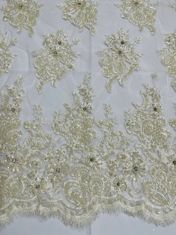 Rhinestone Beaded Fabric - Ivory - Beaded Floral Rhinestone Design with Fancy Border Sold By Yard