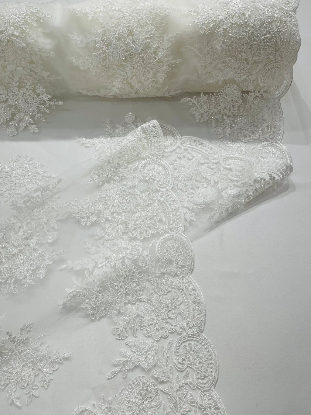Floral Lace Flower Fabric - Ivory - Floral Embroidered Fabric with Sequins on Lace By Yard