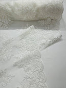 Floral Lace Flower Fabric - Ivory - Floral Embroidered Fabric with Sequins on Lace By Yard