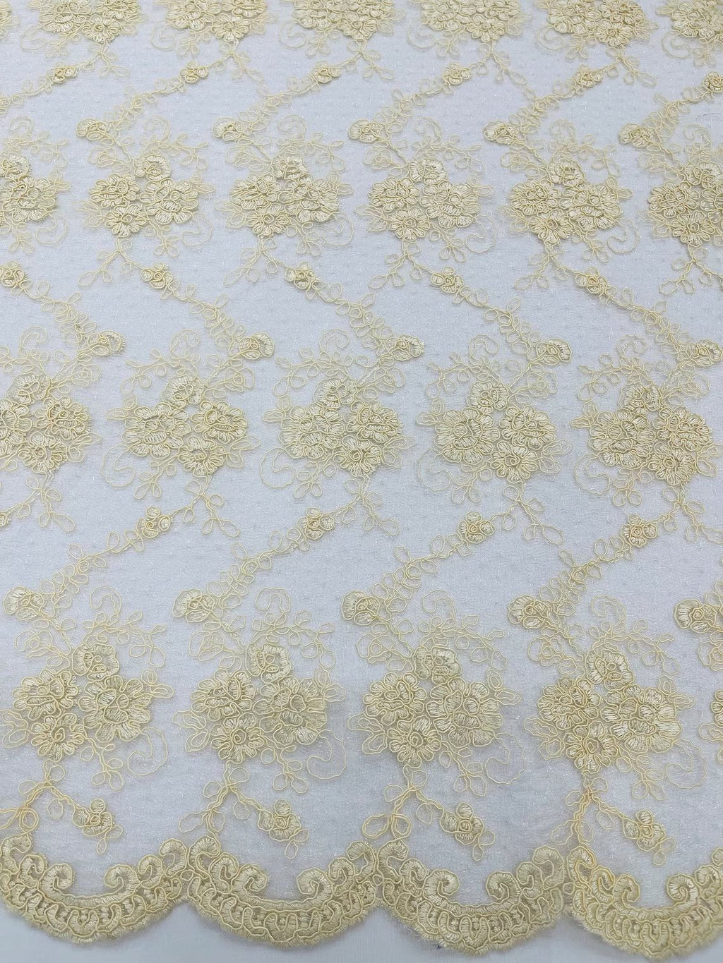 Embroidered Flower Fabric - Ivory - Floral Design Scalloped Border Fabric By Yard