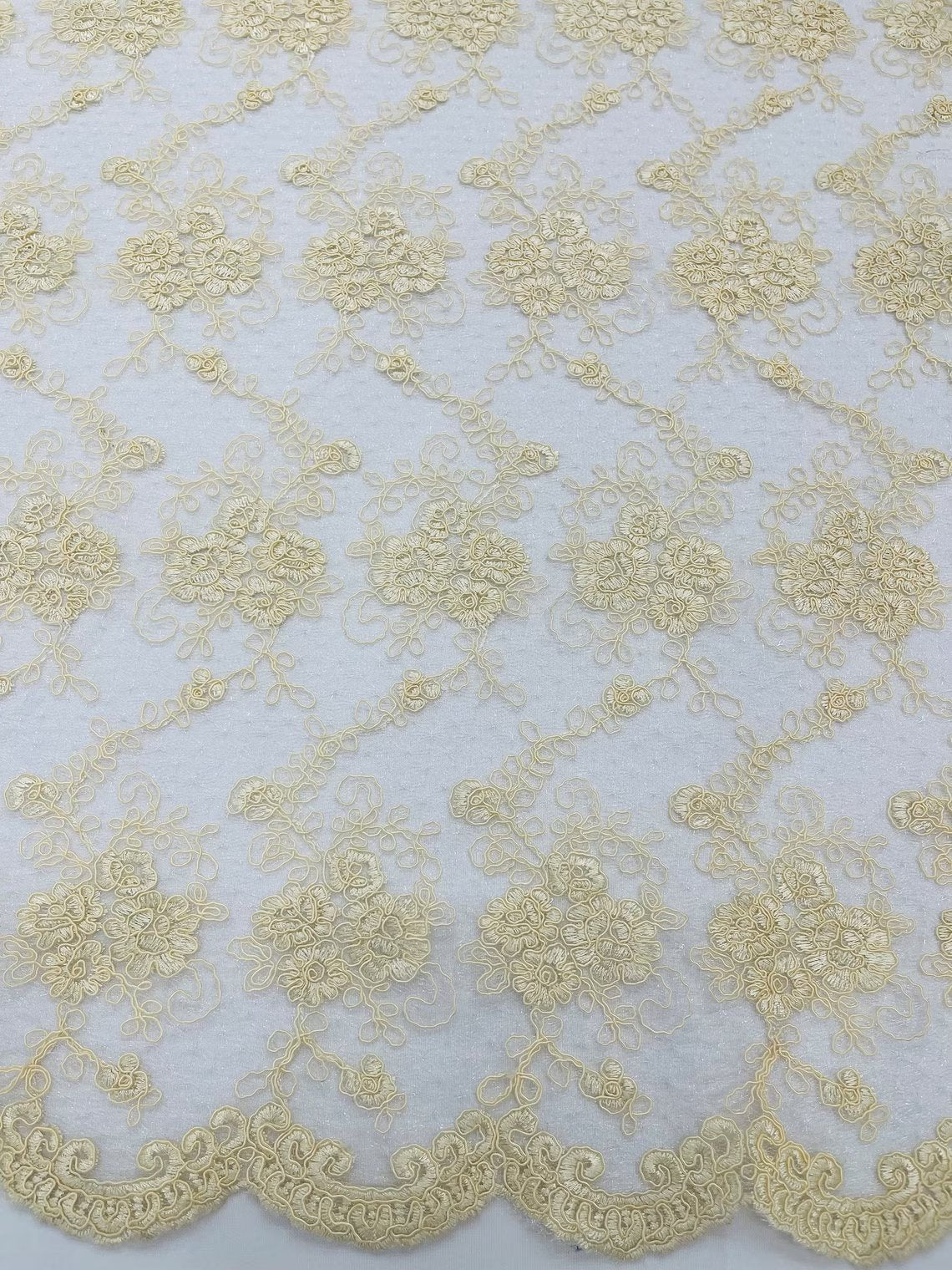 Embroidered Flower Fabric - Ivory - Floral Design Scalloped Border Fabric By Yard