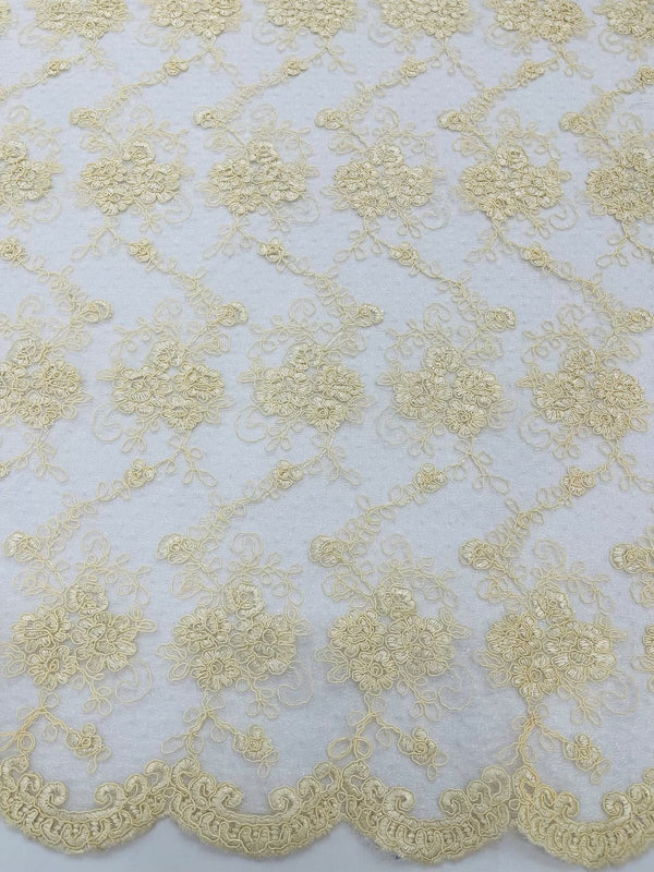 Embroidered Flower Fabric - Ivory - Floral Design Scalloped Border Fabric By Yard