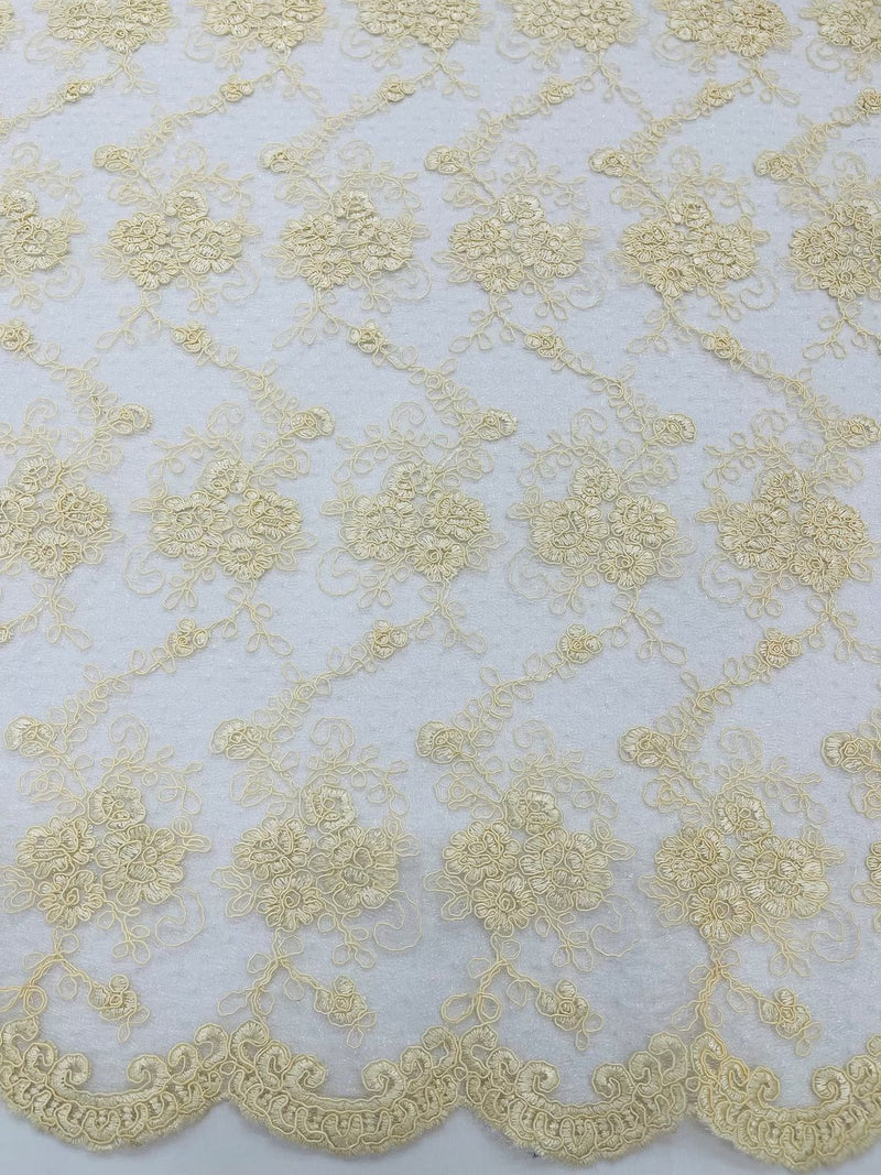 Embroidered Flower Fabric - Ivory - Floral Design Scalloped Border Fabric By Yard