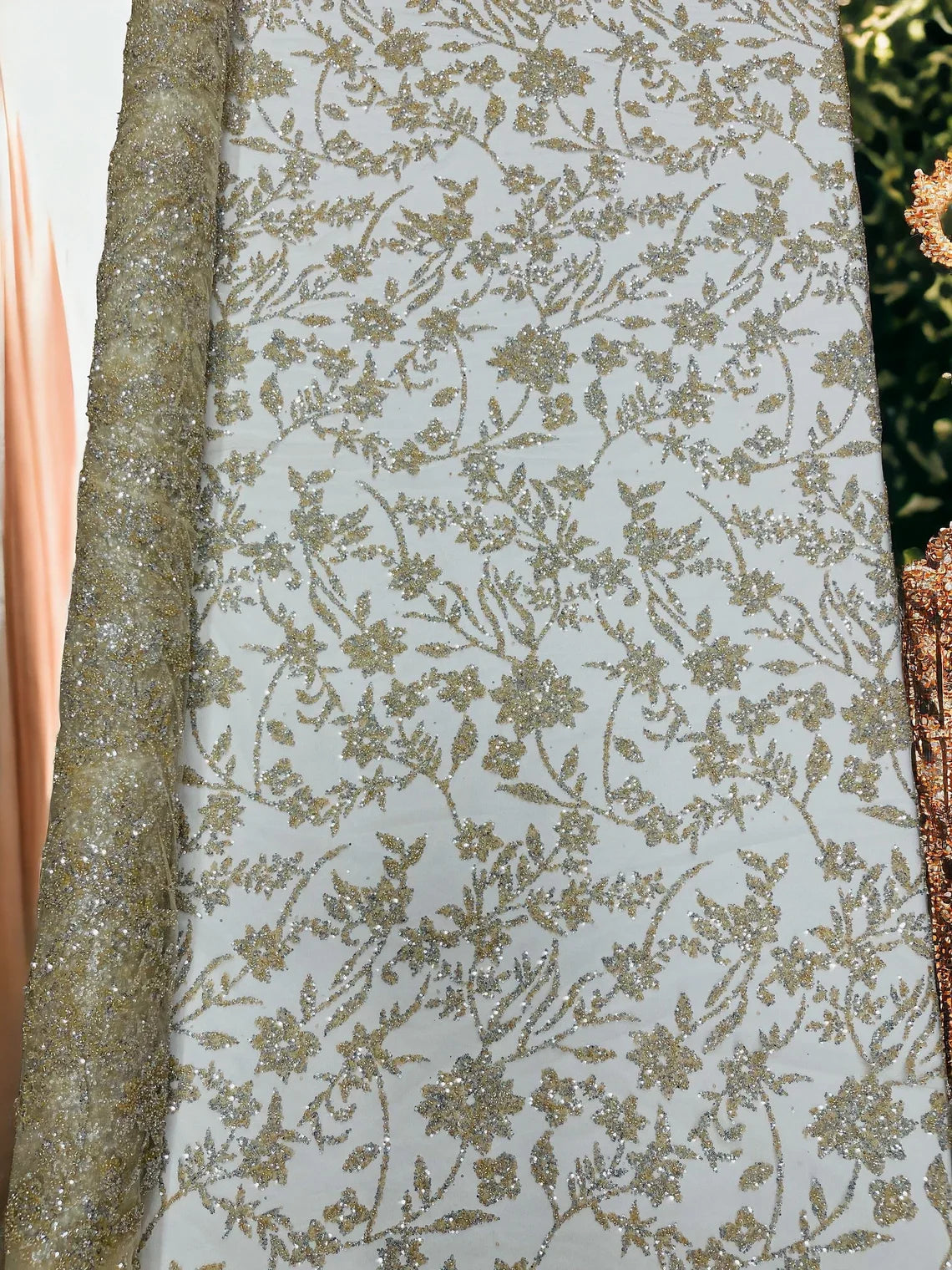 Floral Silver Beaded Fabric - Ivory - Flower Design with Silver Beads and Sequins on Lace by Yard
