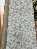 Floral Silver Beaded Fabric - Ivory - Flower Design with Silver Beads and Sequins on Lace by Yard