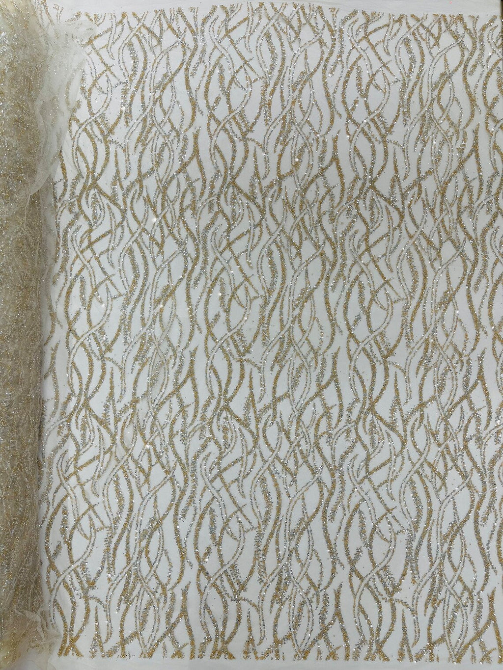 Glitter Wavy Bead Fabric - Ivory - Sequins, Bead, Glitter Design on Lace Fabric By Yard