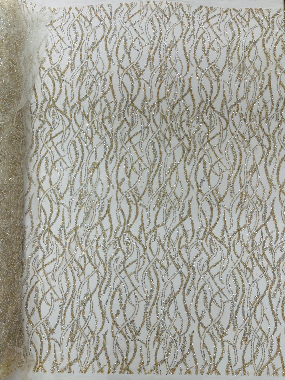 Glitter Wavy Bead Fabric - Ivory - Sequins, Bead, Glitter Design on Lace Fabric By Yard