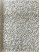 Glitter Wavy Bead Fabric - Ivory - Sequins, Bead, Glitter Design on Lace Fabric By Yard