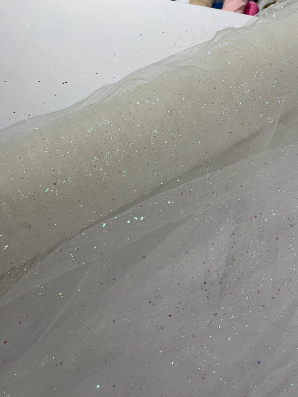 Sparkling Glitter Tulle Fabric - Ivory - Sparkling Glitter Tulle Mesh Fabric Sold By Yard