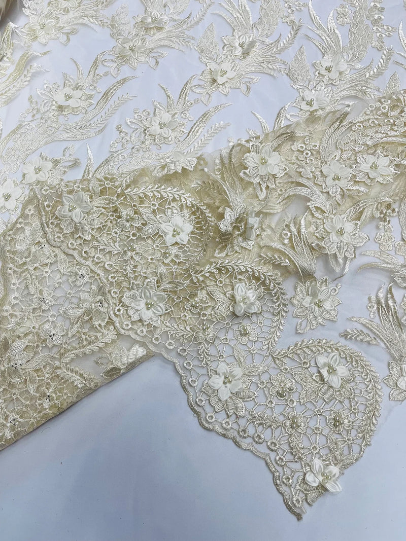 3D Floral Leaf Panels - Ivory - Embroidered 3D Flower Lines with Pearls on Lace By Yard