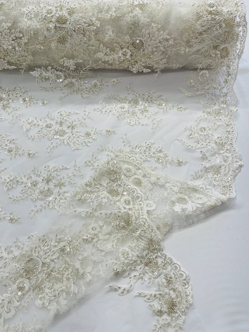 Beaded Flower Sequins Fabric - Ivory - Embroidered Beaded Floral Clusters Sequins Fabric By Yard