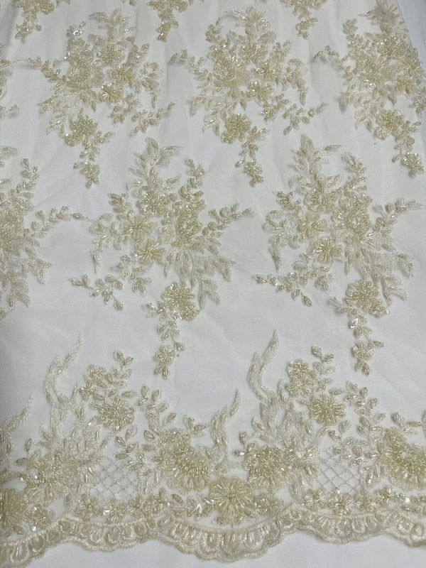 Floral Leaf Beaded Fabric - Ivory - Embroidered Flower Leaf Design Beaded Fabric By Yard