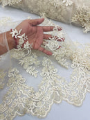 Beaded Floral Fabric - Ivory - Embroidered Flower Cluster Beaded Fabric Sold By Yard