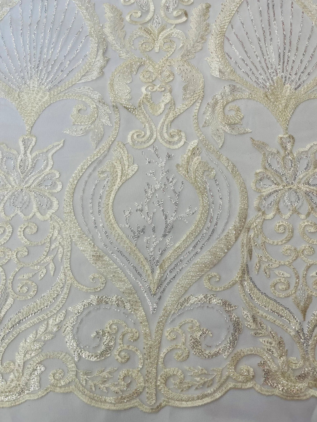 Damask Leaf Bead Fabric - Ivory - Heavy Beaded Embroidered Sequins Lace Fabric by Yard