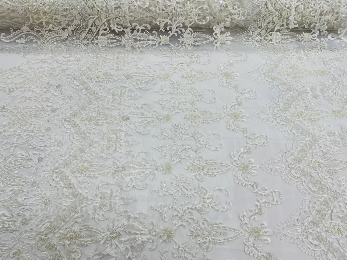 Damask Bead Fabric - Ivory - Embroidered Glamorous Fabric with Round Beads Sold By Yard