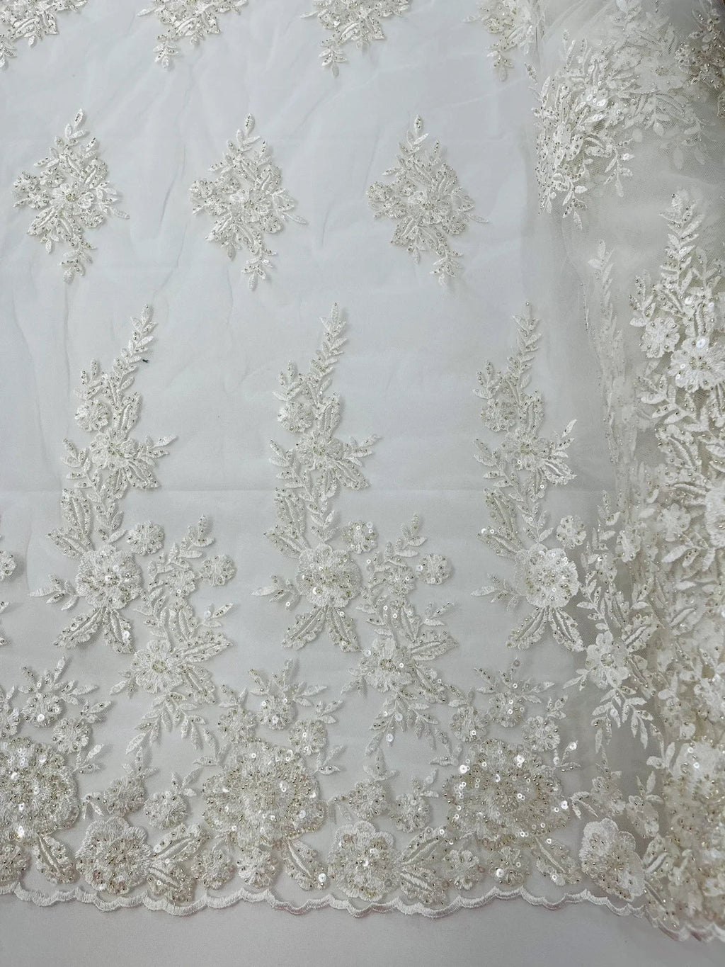 Beaded Rose Flower Fabric - Ivory - Embroidered Beaded Long Border Floral Fabric By Yard