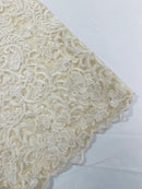 Fancy Damask Lace Fabric - Ivory - Embroidered Damask Design Mesh on Lace Fabric by Yard