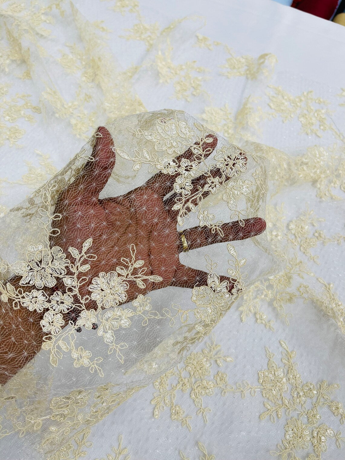 Embroidered Corded Lace Fabric - Ivory - Cluster Fancy Flower Embroidered Lace Fabric By Yard
