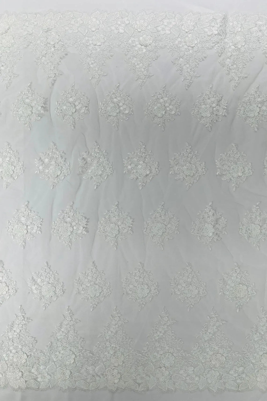 Corded Floral 3D Fabric - Ivory - Embroidered Floral Design on Lace Mesh Fabric by Yard