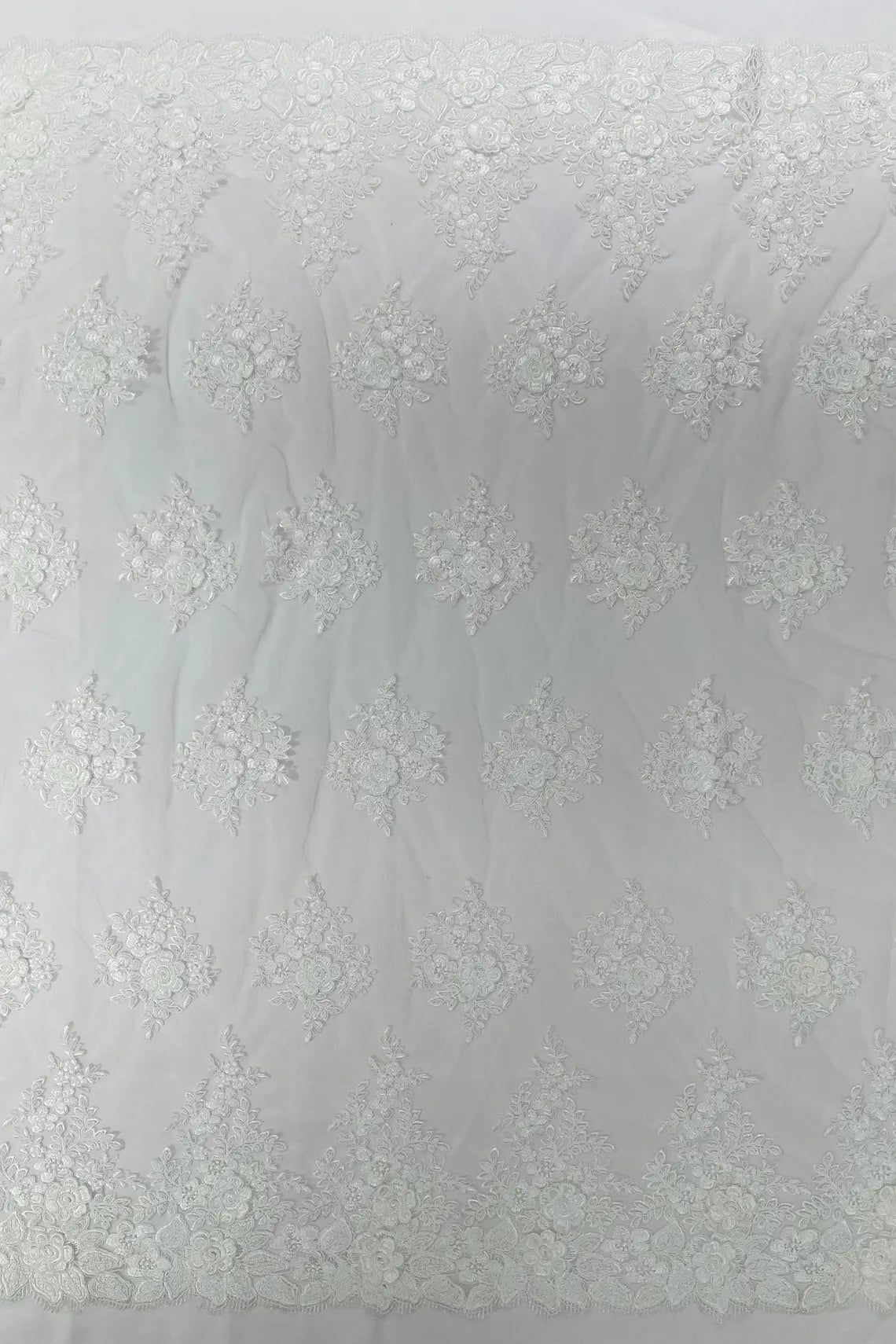 Corded Floral 3D Fabric - Ivory - Embroidered Floral Design on Lace Mesh Fabric by Yard