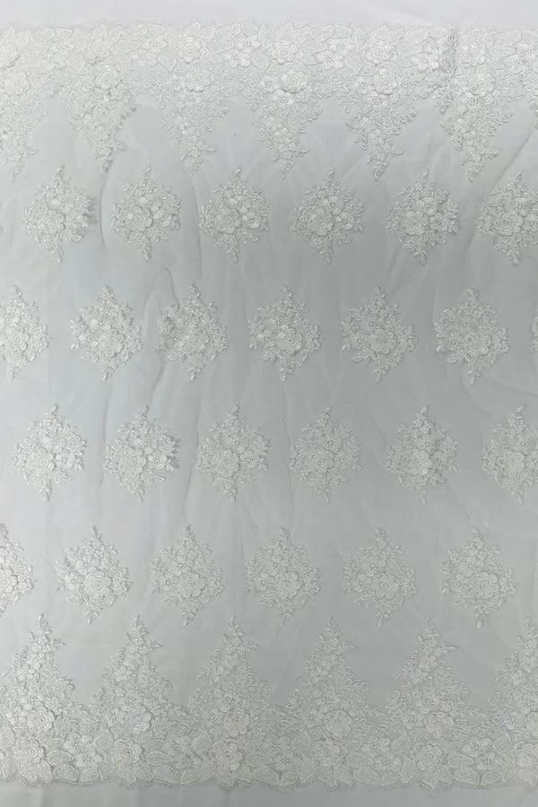 Corded Floral 3D Fabric - Ivory - Embroidered Floral Design on Lace Mesh Fabric by Yard