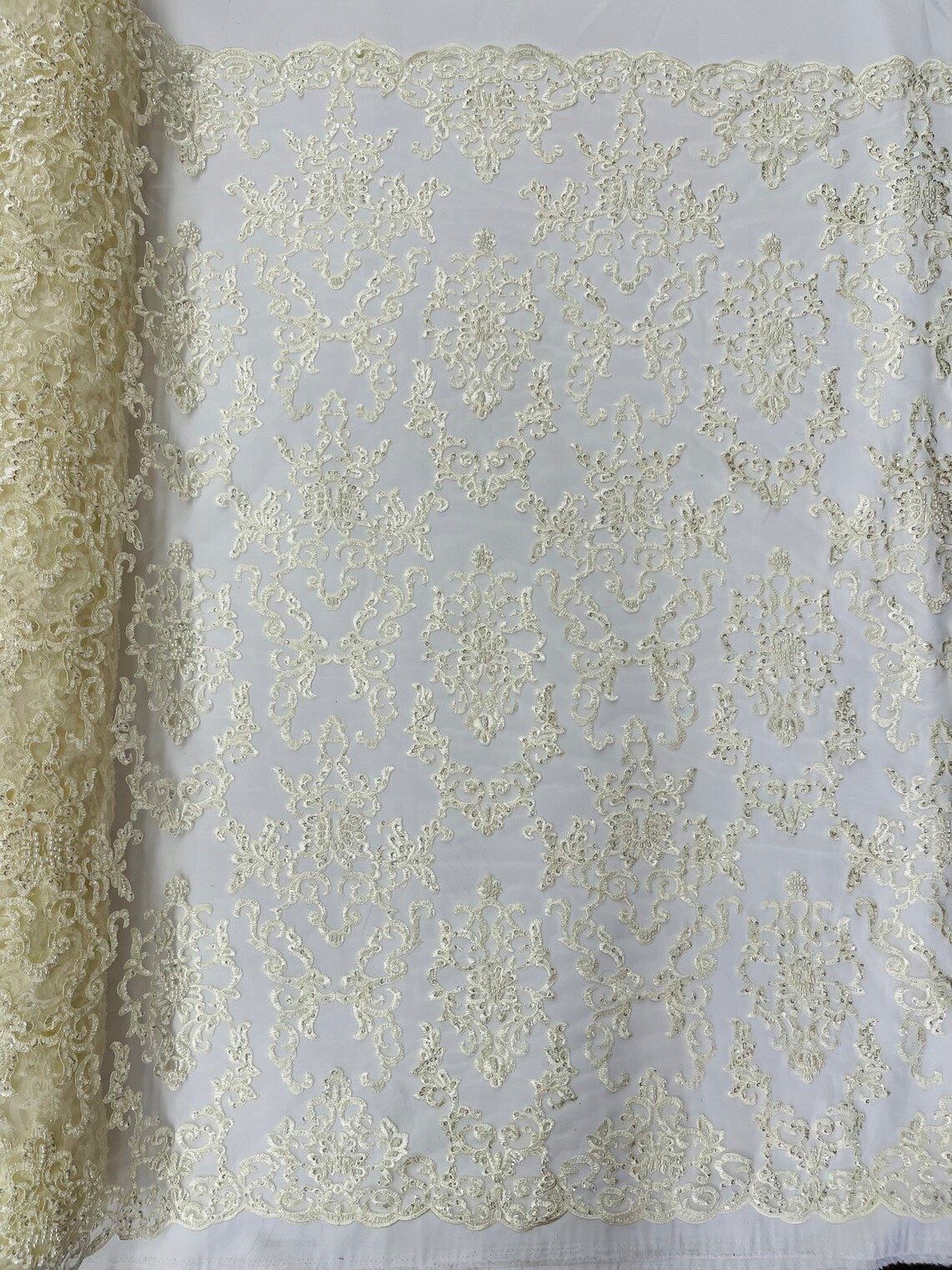Butterfly Bead Sequins Fabric - Ivory - Damask Beaded Sequins Lace Fabric by the yard